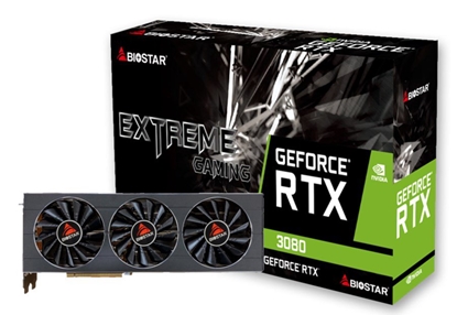 Изображение Graphics Card|BIOSTAR|NVIDIA GeForce RTX 3080|10 GB|GDDR6X|PCIE 4.0 16x|GPU 1440 MHz|Triple slot Fansink|1xHDMI|3xDisplayPort|VN3816RMT3