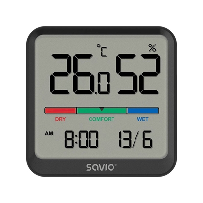 Attēls no Czujnik temperatury i wilgotności, do użytku wewnętrznego, ekran LCD, zegar, data, uchwyt z magnesem, CT-01/B Czarny