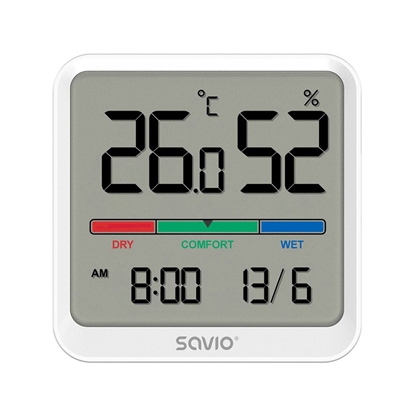 Attēls no Czujnik temperatury i wilgotności, do użytku wewnętrznego, ekran LCD, zegar, data, uchwyt z magnesem, CT-01/W Biały