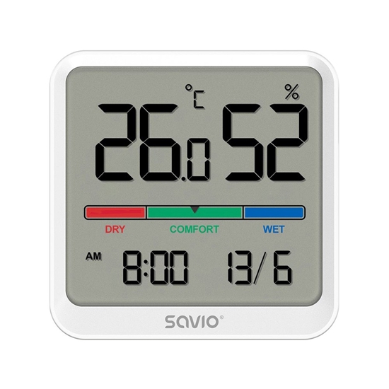 Изображение Czujnik temperatury i wilgotności, do użytku wewnętrznego, ekran LCD, zegar, data, uchwyt z magnesem, CT-01/W Biały