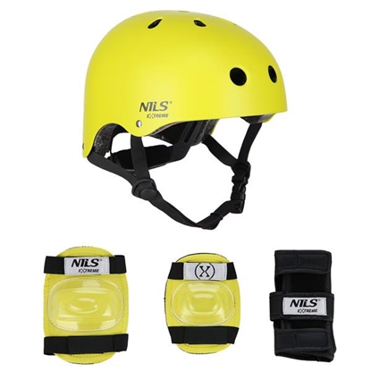 Изображение Komplekts MR290+H230 HELMET WITH PROTECTORS SET YELLOW SIZE M NILS EXTREME