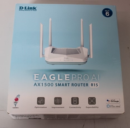 Изображение SALE OUT.  D-Link R15 AX1500 Smart Router D-Link AX1500 Smart Router R15 802.11ax 1200+300 Mbit/s 10/100/1000 Mbit/s Ethernet LAN (RJ-45) ports 3 Mesh Support Yes MU-MiMO Yes No mobile broadband Antenna type 4xExternal DEMO | AX1500 Smart Router | R15 | 8