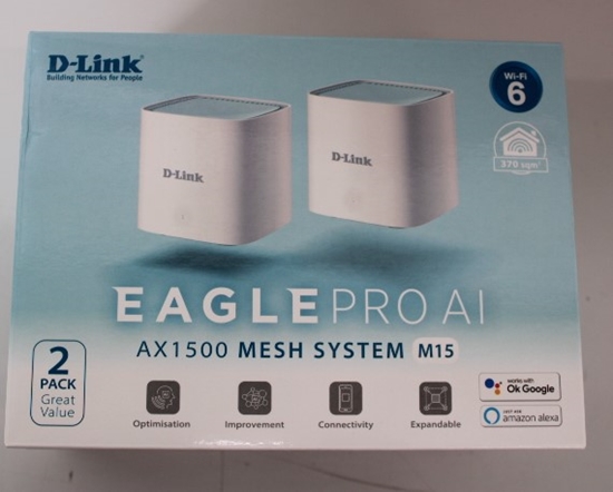 Picture of SALE OUT. D-Link M15-2 EAGLE PRO AI AX1500 Mesh System D-Link EAGLE PRO AI AX1500 Mesh System M15-2 (2-pack) 802.11ax 1200+300 Mbit/s 10/100/1000 Mbit/s Ethernet LAN (RJ-45) ports 1 Mesh Support Yes MU-MiMO Yes No mobile broadband Antenna type 2 x 2.4G WL