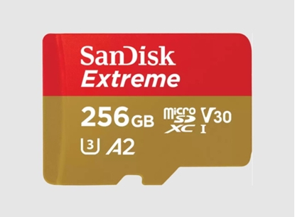 Attēls no SanDisk microSDXC Extreme 256GB 190/130 MB/s A2 C10 V30 UHS-I U3