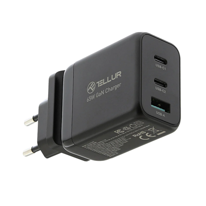 Picture of Tellur GaN 65W 3-port wall charger, 2xUSB-C + USB-A, EU,UK,US, black