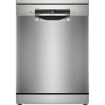 Изображение Bosch | Dishwasher | SMS4EMI06E | Free standing | Width 60 cm | Number of place settings 14 | Number of programs 6 | Energy efficiency class B | Display | AquaStop function | Silver inox