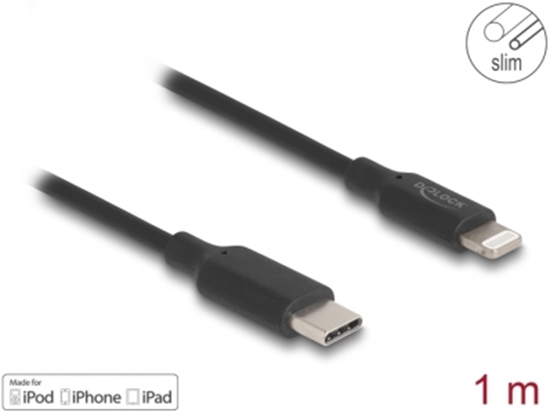 Изображение Delock Slim Data and Charging Cable USB Type-C™ to Lightning™ for iPhone™, iPad™, iPod™ black 1 m MFi