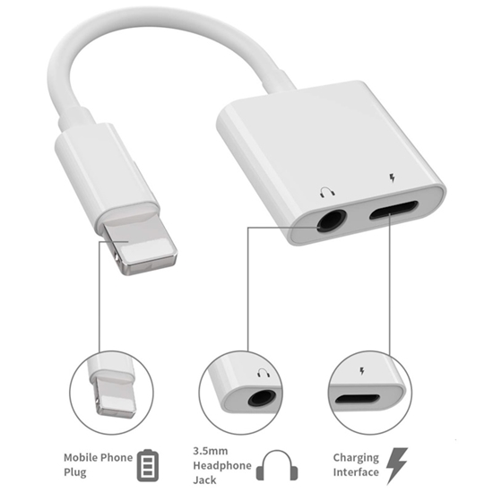 Picture of iLike AX7 Duāls Lightning kabeļu adapteris uz 3.5mm austiņu ligzdu + Lightning Uzlādes ligzdu Balts