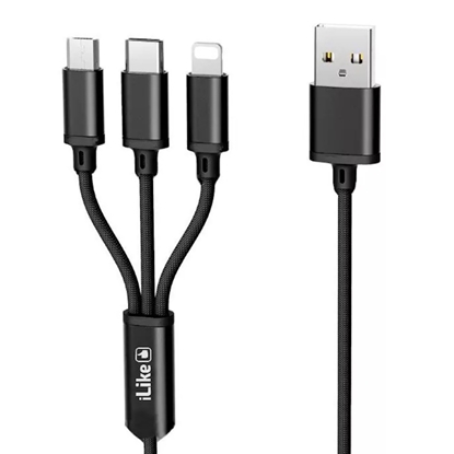 Attēls no iLike CCI02 Pīta auduma izturīgs USB 3in1 Kabelis ar USB uz Micro USB / Lightning / Type-C 1m Melns