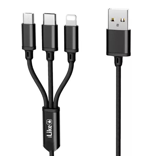 Picture of iLike CCI02 Pīta auduma izturīgs USB 3in1 Kabelis ar USB uz Micro USB / Lightning / Type-C 1m Melns