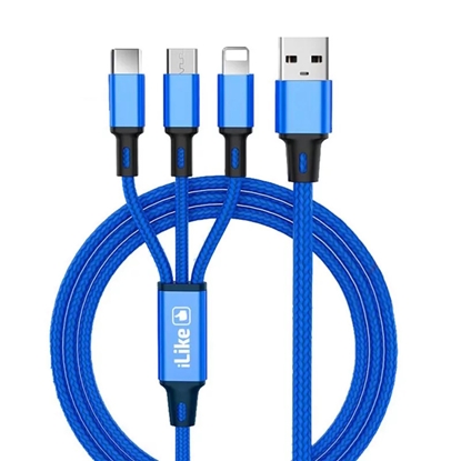 Attēls no iLike CCI02BE Pīta auduma izturīgs USB 3in1 Kabelis ar USB uz Micro USB / Lightning / Type-C 1m Zils