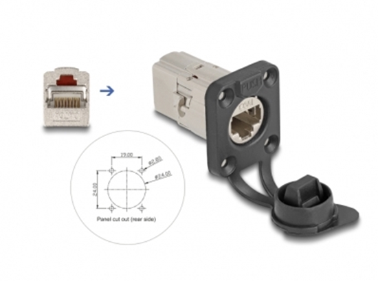 Picture of Delock D-Type RJ45 built-in connector / coupler Cat.6A STP with protective cap IP66 dust and waterproof