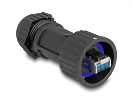 Picture of Delock RJ45 plug field-assembly Cat.6A with feed-through coupler suitable for item 67047 and 67048 IP68 dust and waterproof blac