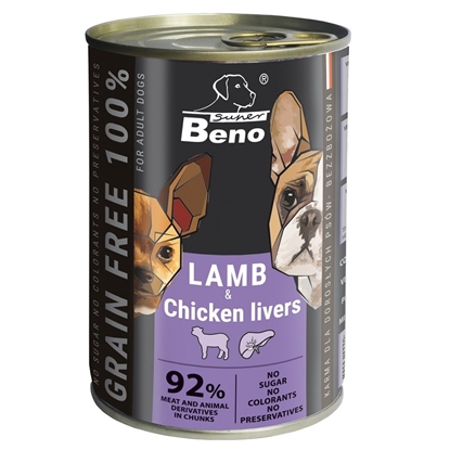 Изображение SUPER BENO Lamb with chicken livers - wet dog food - 415g