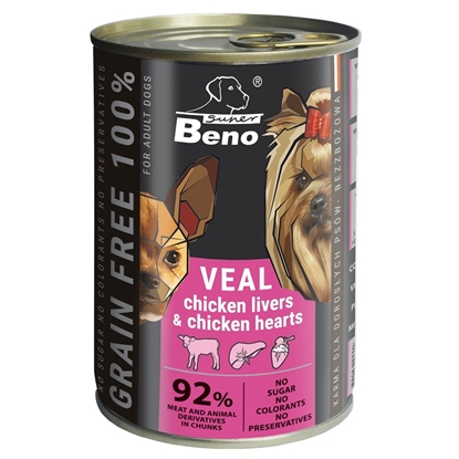 Attēls no SUPER BENO Veal with chicken livers and hearts - wet dog food - 415g