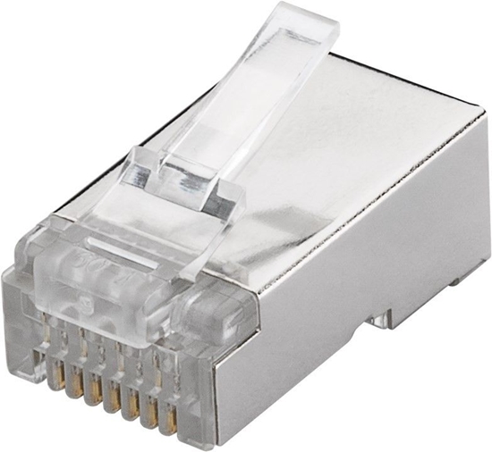 Picture of Goobay 93829 RJ45 plug, CAT 6 STP shielded | for round cable   for stranded and solid inner conductor  Technical specifications  Connections  Connection, type  RJ45 male (8P8C)   Connection, contact material  gold-plated 15µ   Contacting  4+4 Pin   Cable 