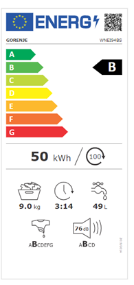 Picture of Pralka Gorenje Gorenje Washing Mashine WNEI94BS Energy efficiency class B, Front loading, Washing capacity 9 kg, 1400 RPM, Depth 61 cm, Width 6