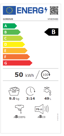 Изображение Pralka Gorenje Gorenje Washing Mashine WNEI94BS Energy efficiency class B, Front loading, Washing capacity 9 kg, 1400 RPM, Depth 61 cm, Width 6