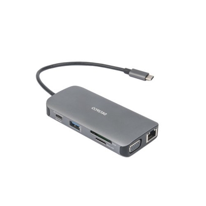 Attēls no Adapteris DELTACO USB-C docking station 3x USB-A, SD/microSD, RJ45, HDMI, sidabrinis /  USBC-HDMI25