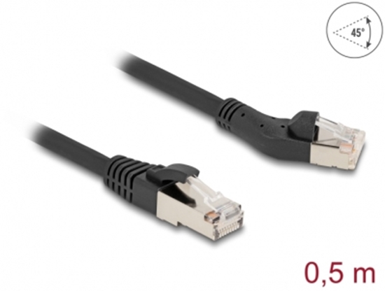 Picture of Delock RJ45 Network Cable Cat.8.1 S/FTP plug 45° left angled to plug straight up to 40 Gbps 0.5 m black