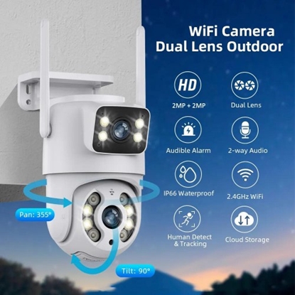 Изображение Dual Lens Wi-Fi Outdoor Camera | 2MP | Audio Alarm | PTZ | IP 66 | Two Ways Audio | App - Tuya