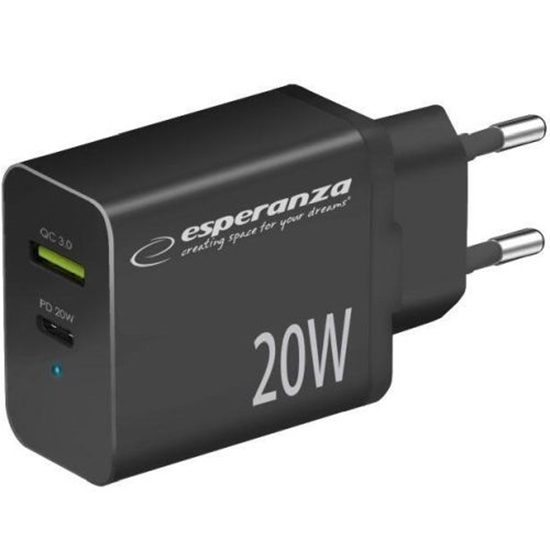 Изображение Esperanza EZC105K Wall charger Type C 20W + USB QC3.0 18W