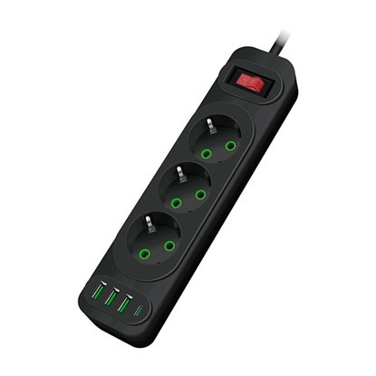 Attēls no Riff F23U 2m pagarinātājs ar 3 Ligzdām + 3 USB + 1 USB-C un On/Off Pogu Black