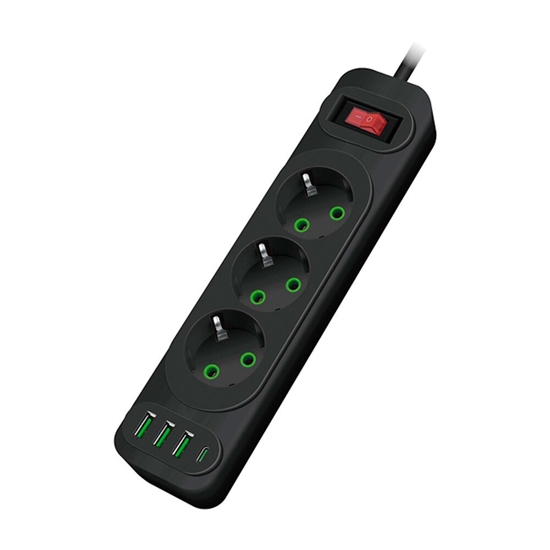 Picture of Riff F23U 2m pagarinātājs ar 3 Ligzdām + 3 USB + 1 USB-C un On/Off Pogu Black