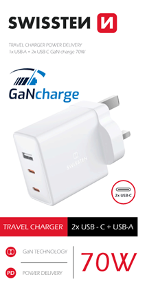 Picture of Swissten GaN Travel Charger 2x USB-C / USB for UK socket 70W