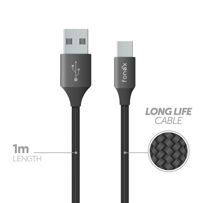 Attēls no Fonex Data Cable USB to Type-C 12W Fabric 1m By Fonex Black