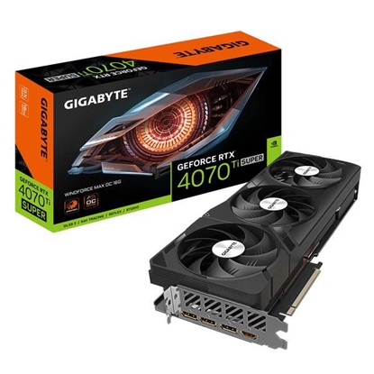 Picture of Graphics Card|GIGABYTE|NVIDIA GeForce RTX 4070 Ti SUPER|16 GB|GDDR6X|256 bit|PCIE 4.0 16x|GPU 2655 MHz|Triple slot Fansink|1xHDMI|3xDisplayPort|GV-N407TSWF3MAXOC-16GD