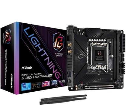 Attēls no Mainboard|ASROCK|Intel B760 Express|LGA1700|Mini-ITX|Memory DDR5|Memory slots 2|1xPCI-Express 5.0 16x|3xM.2|1xHDMI|1xDisplayPort|5xUSB 3.2|1xUSB-C|1xOptical S/PDIF|1xRJ45|2xAudio port|B760ILIGHTNINGWIFI