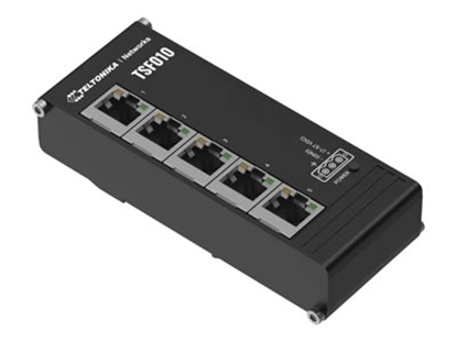 Attēls no Teltonika Industrial Switch | TSF010 | Unmanaged | DIN rail mountable | 10/100 Mbps (RJ-45) ports quantity 5 | Power supply type 3-pin industrial DC power socket