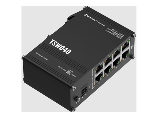 Picture of Teltonika Industrial Switch | TSW040 | Unmanaged | DIN rail mountable | 10/100 Mbps (RJ-45) ports quantity 8 | PoE+ ports quantity 8 | Power supply type 2-pin industrial DC power socket