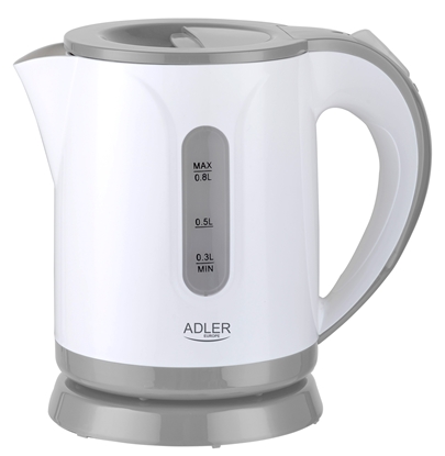 Изображение Adler | Kettle | AD 1371g | Electric | 850 W | 0.8 L | Stainless steel/Polypropylene | 360° rotational base | White/Grey