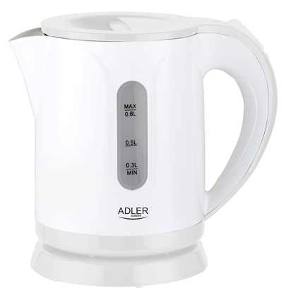 Attēls no Adler | Kettle | AD 1371w | Electric | 850 W | 0.8 L | Stainless steel/Polypropylene | 360° rotational base | White