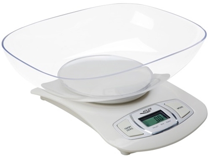 Изображение Adler AD 3137 Kitchen scales, Capacity 5 kg , Graduation 1g, Big LCD Display, Auto-zero/Auto-off, Large bowl, White | Adler | Adler AD 3137 | Maximum weight (capacity) 5 kg | Graduation 1 g | Display type LCD | White