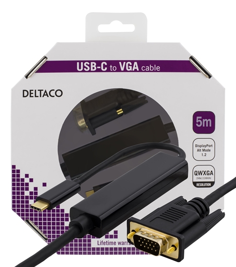 Picture of DELTACO USB-C - VGA kabelis, 5 m, USB-C, VGA, QWXGA 2048x1152 60Hz dažniu, NXP PTN3355BS lustų rinki