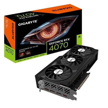 Attēls no Graphics Card|GIGABYTE|NVIDIA GeForce RTX 4070|12 GB|GDDR6|192 bit|PCIE 4.0 16x|GPU 2490 MHz|Dual Slot Fansink|1xHDMI|3xDisplayPort|GV-N4070WF2OCV2-12GD