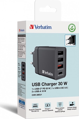 Attēls no Ładowarka Verbatim Ładowarka sieciowa Verbatim 1xUSB-C PD 20W 1xUSB-A QC 3.0 2xUSB-A 10W UE czarna