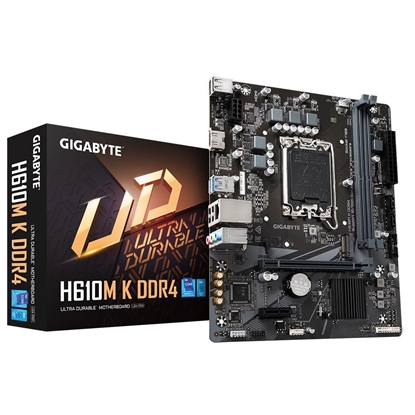 Attēls no Mainboard|GIGABYTE|Intel H610|LGA1700|Micro-ATX|Memory DDR4|Memory slots 2|1xPCI-Express 3.0 1x|1xPCI-Express 4.0 16x|1xM.2|1xHDMI|4xUSB 2.0|2xUSB 3.2|1xRJ45|3xAudio port|H610MKDDR42.0