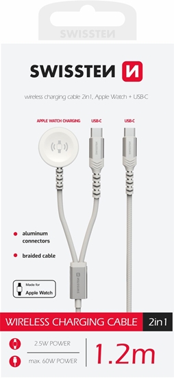 Picture of Swissten 2in1 Wireless Charger for Apple Watch and USB-C / USB-C / 1.2m