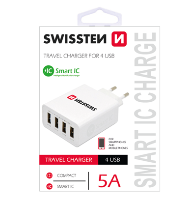 Picture of Swissten Smart IC Travel Charger USB 4x 2.1A / 25W / 5A With Automatic Optimal Power Charging