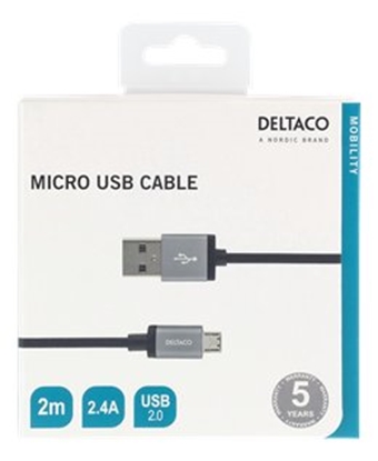 Attēls no USB sinchronizavimo / įkrovimo kabelis, pintas, USB-A ma - USB Micro B ma, 2m, 2.4A, USB 2.0 DELTACO