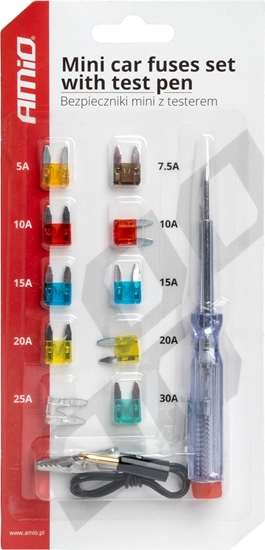 Изображение AMiO Bezpieczniki mini komplet zestaw 10 szt. + próbnik napięcia amio-03524