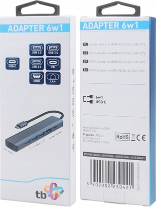 Attēls no HUB USB TB Print Adapter HUB USB C 6w1 - HDMI, USBx3, PD, RJ-45