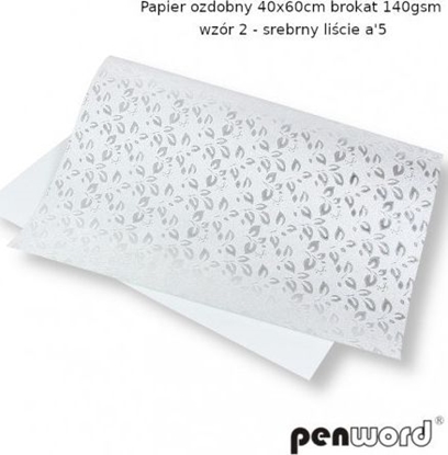 Изображение Penword PAPIER OZDOBNY 40x60cm BROKAT 140gsm WZÓR 2 - SREBRNY LIŚCIE a5 Penword